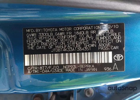 2010 Toyota Yaris из США, поврежденный, VIN JTDBT4K33A1384351